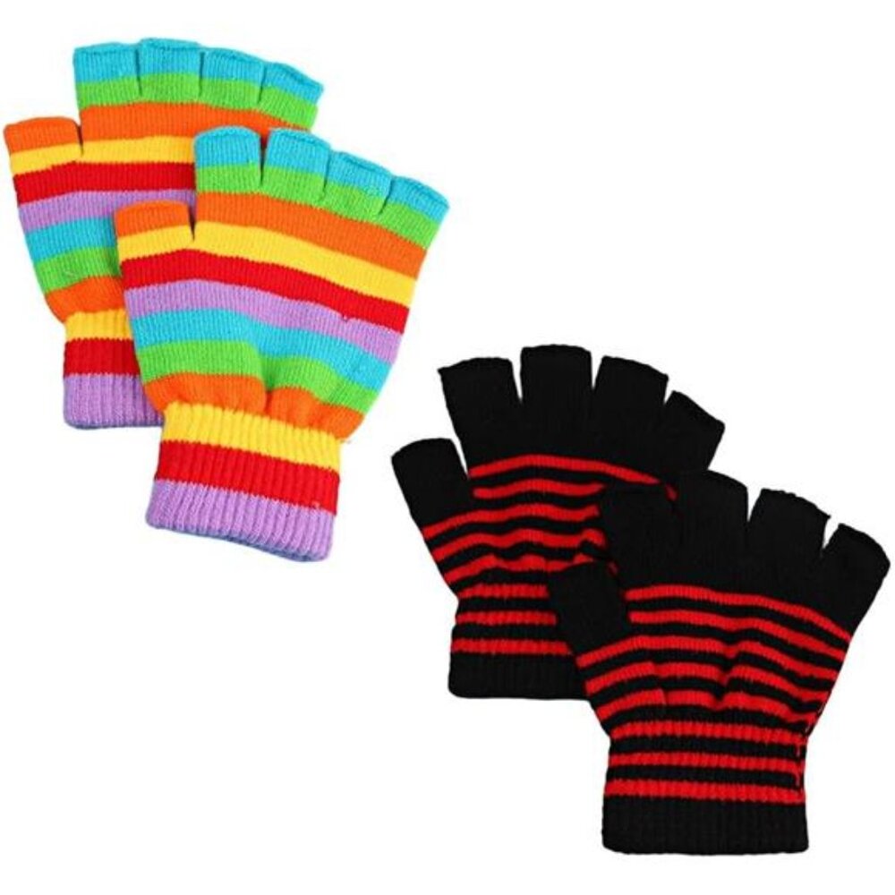 2 Pairs Rainbow Striped Cotton Knitted Half Finger Gloves - Thickened Warm for